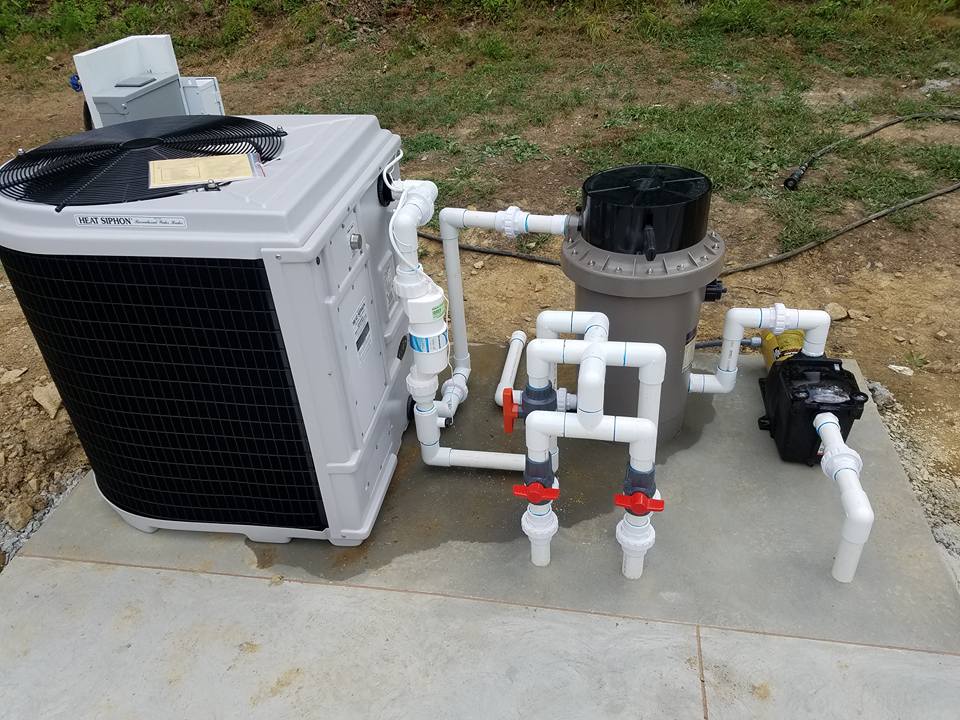 Pool heat pump filter and plumbing